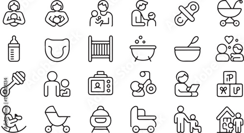 Black and white of parenting and baby care activities and