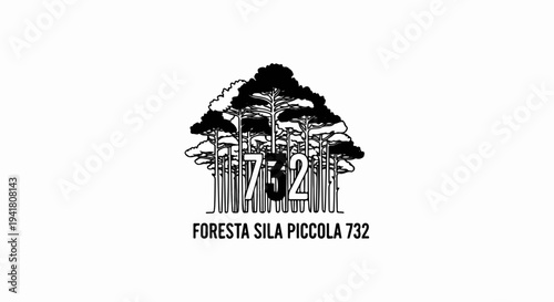 Silhouette of tall pine trees with the number 732 integrated