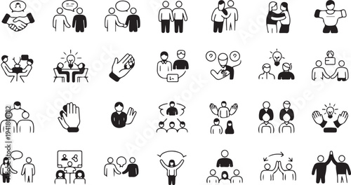 Black and white of people interacting in various social and settings interaction