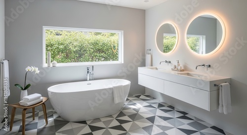 Modern bathroom interior design with soaking tub mirrors and natural light