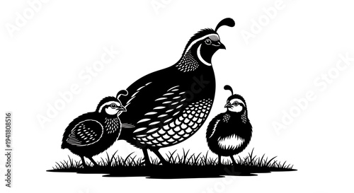 A quail and two chicks standing on grass