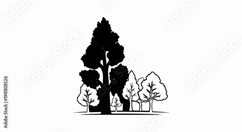 Silhouette of a cluster of diverse trees on a white background