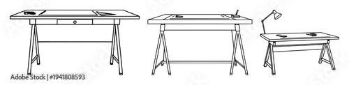 Architectural drafting table set with clean black line art on white background featuring drafting, design, geometry with studio and workspace