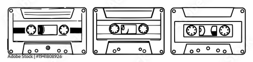 cassette tape set with geometric line art design featuring vintage audio, stationery icon, isolated presentation with consistent stroke width and white background