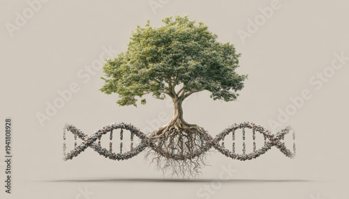 Biotechnology concept of tree with root in DNA genetic structure, symbolizing life, science, and profound connection