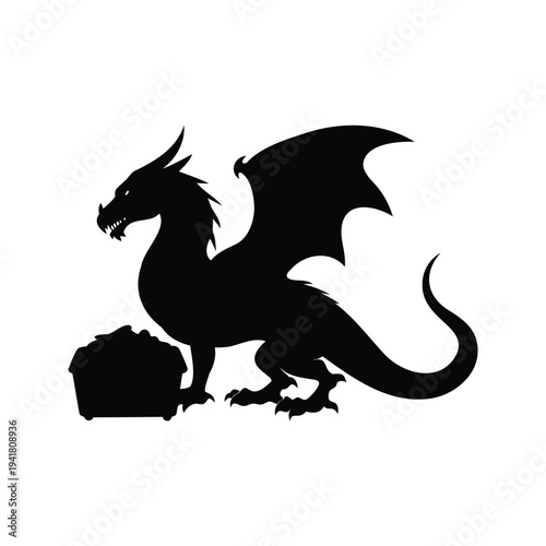 dragon guarding treasure silhouette vector illustration, Mythical dragon silhouette vector illustration with wings spread and treasure