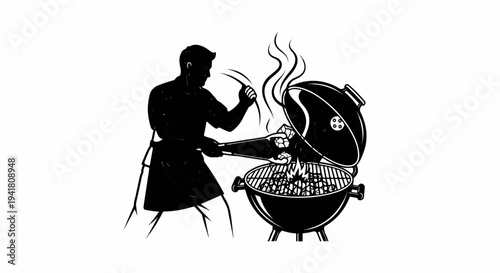 Silhouette of a person grilling meat over coals on a barbecue