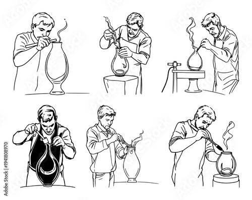 Glassblowing set with continuous line art of a glassblower shaping a vessel featuring glass art, craft, movement with thin black line and white background