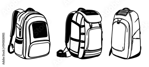 Solar-powered backpack set with solid black fill on white background featuring solar panel, backpack, tech with nomadic lifestyle and sustainability