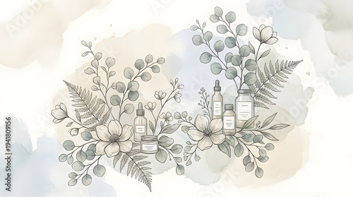 Eco-friendly Skincare: An elegant watercolor illustration showcases natural skincare products amidst a harmonious arrangement of leaves and flowers, celebrating the beauty of nature and wellness.
