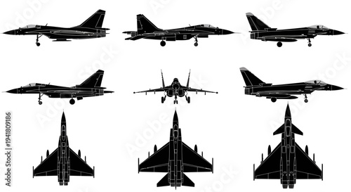 Air Superiority Fighter Jet Multi-Angle Vector Silhouette Set