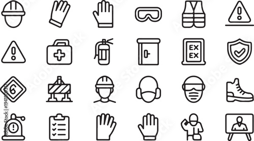 Black and white of safety equipment and workplace safety symbols gloves