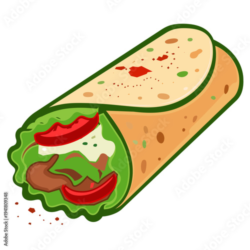 Fresh Dürum kebab wrap with meat and salad vector. Detailed vector drawing of a rolled Dürum kebab or shawarma wrap with lettuce, tomatoes, and sauce. Appetizing and clean style for cafe menus 