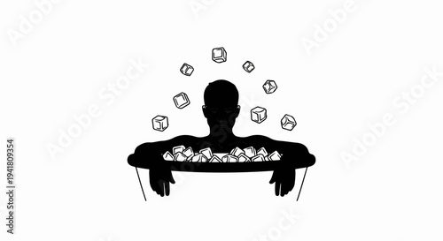 Silhouette of a person in an ice bath with floating ice cubes