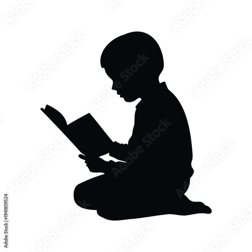 muslim child learning quran silhouette vector illustration, A young boy engrossed in reading a book, black and white silhouette vector illustration