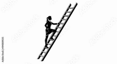 Silhouette of woman in business attire climbing a ladder against white backdrop