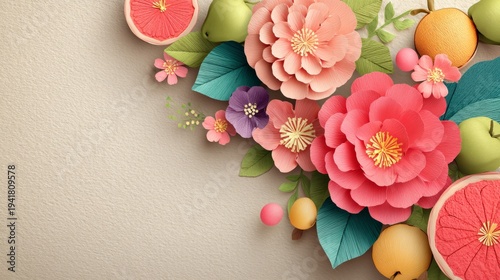 Colorful Paper Flowers and Fruits Blooming on Soft Background in Summer