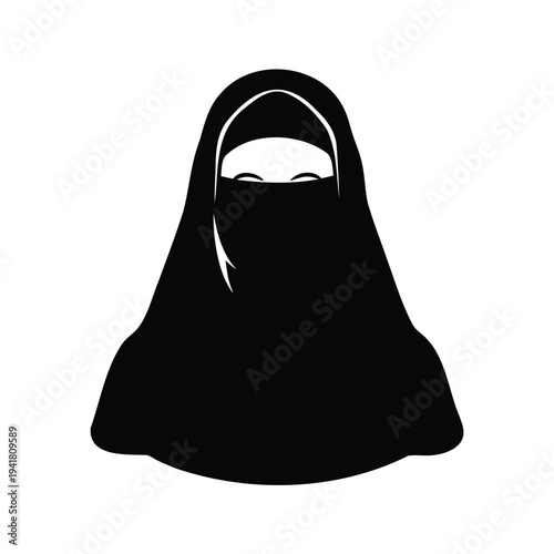muslim woman covering face with niqab silhouette vector illustration, Silhouette of a woman wearing a niqab, elegant and modest vector illustration