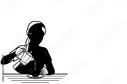 Silhouette of a person pouring coffee into a cup on a saucer