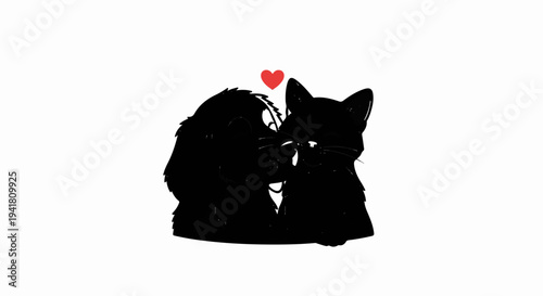 Silhouetted cats nuzzle affectionately under a bright red heart