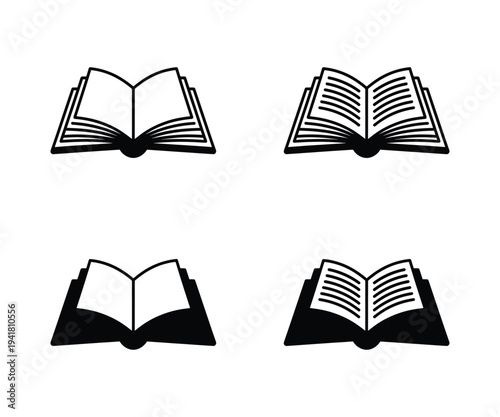 Open book silhouette and line art icons for education and library design