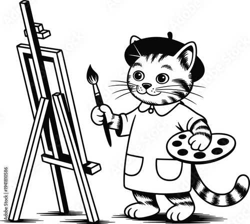 Cat wearing beret and apron holding paintbrush and palette standing next to easel cartoon painter