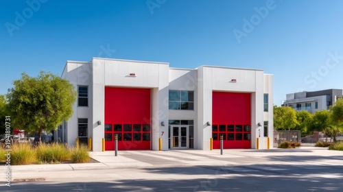 Modern Fire Station Building with Bright Red Garage Doors