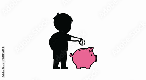 Silhouette child deposits coin into pink piggy bank