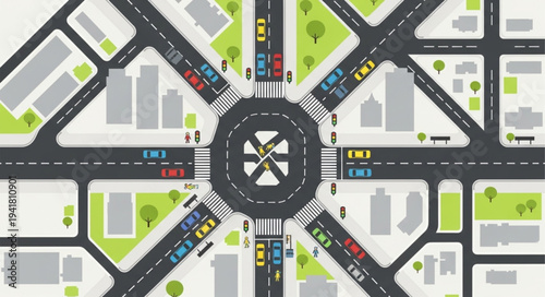 Aerial View of a Busy City Roundabout Intersection.