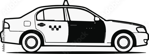 Side view of a black and white graphic sedan taxi with checkered emblem on door