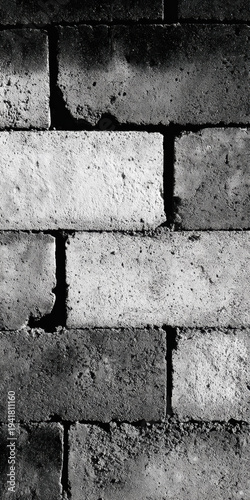 Stark black and white concrete brick wall texture. somber monochrome grunge background detail of an unfinished surface
