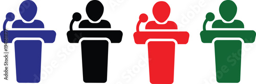 Public speaker at podium icon set representing speech presentation, leadership communication, conference seminar talk and political debate concept vector illustration