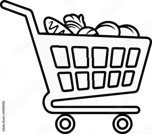Shopping cart overflowing with bread and baked goods