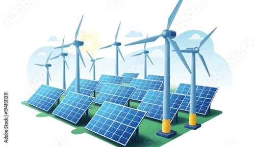 Renewable Energy Farm with Wind Turbines and Solar Panels – Green Power 3D Vector Illustration