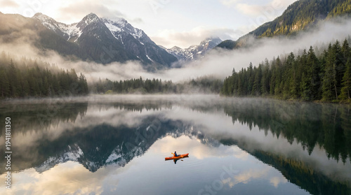 Fotografija Single kayaker paddling across a calm alpine lake surrounded by forest and mount