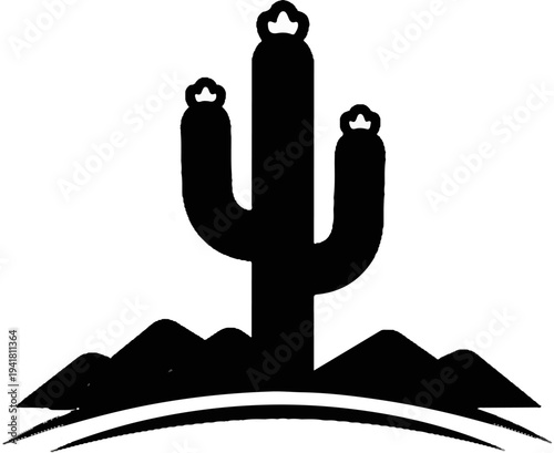 Silhouette of a saguaro cactus against a desert mountain range horizon