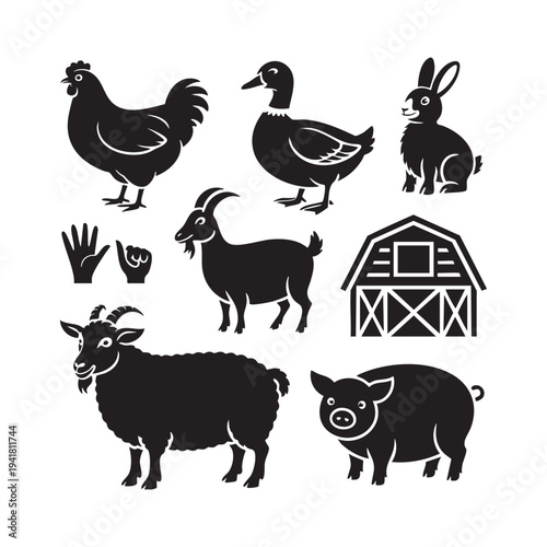Black silhouettes of farm animals and barn with hands chicken duck