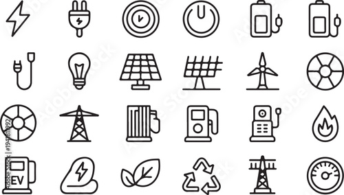 Black and white of various energy sources and power symbols electricity
