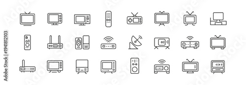 Fényképezés Extensive collection of line icons featuring televisions, remote controls, and network devices for home media and digital connectivity