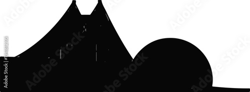 Silhouette of a suspension bridge with two towers and a curved deck