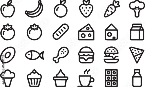 Black and white of various foods and drinks arranged in a grid apple 1