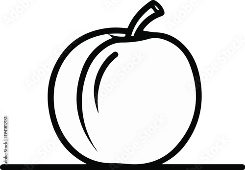 Simple black and white outline drawing of a single round fruit with a stem