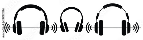 Collection of Headphones Sound Silhouette Icon Vector Set, black audio equipment illustrations isolated for logo design, music branding, podcast graphics, recording studio themes, 