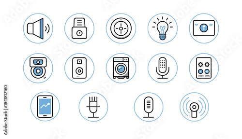 Smart home devices and internet of things (IoT) line icons set for modern technology concepts.