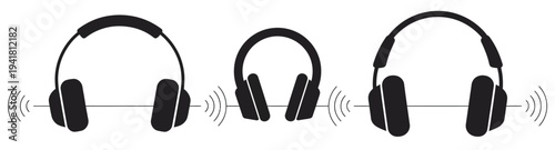 Collection of Headphones Sound Silhouette Icon Vector Set, professional vector pack featuring audio headset symbols and music listening icons, scalable graphics perfect for podcast logos, DJ branding,