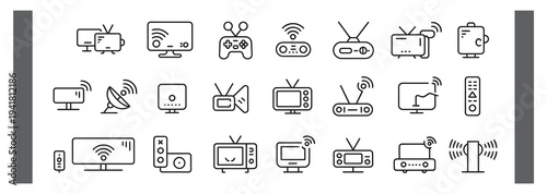 Television, media, and broadcasting line icons set for modern entertainment and digital content.