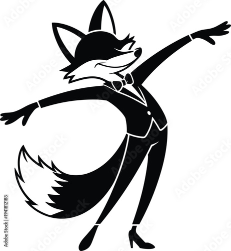 Black cartoon fox in business attire dancing on white background suit
