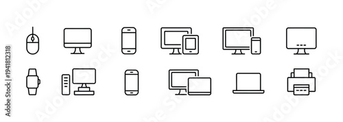 Minimalist line icons of essential computing and mobile devices, including monitors, smartphones, and laptops.
