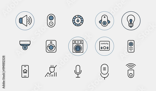 Smart home and internet of things (IoT) device icons in a modern circular design, with blue accents.