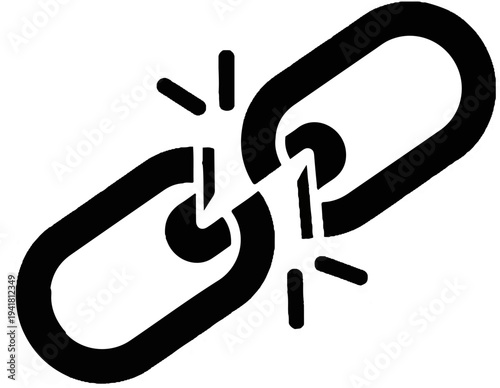 Simple black icon of a broken chain link on a white background